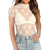Sheer Mesh Short Sleeve Layering Top for Women Mock Neck Floral Lace Tshirt See Through Tee Shirt Blouse