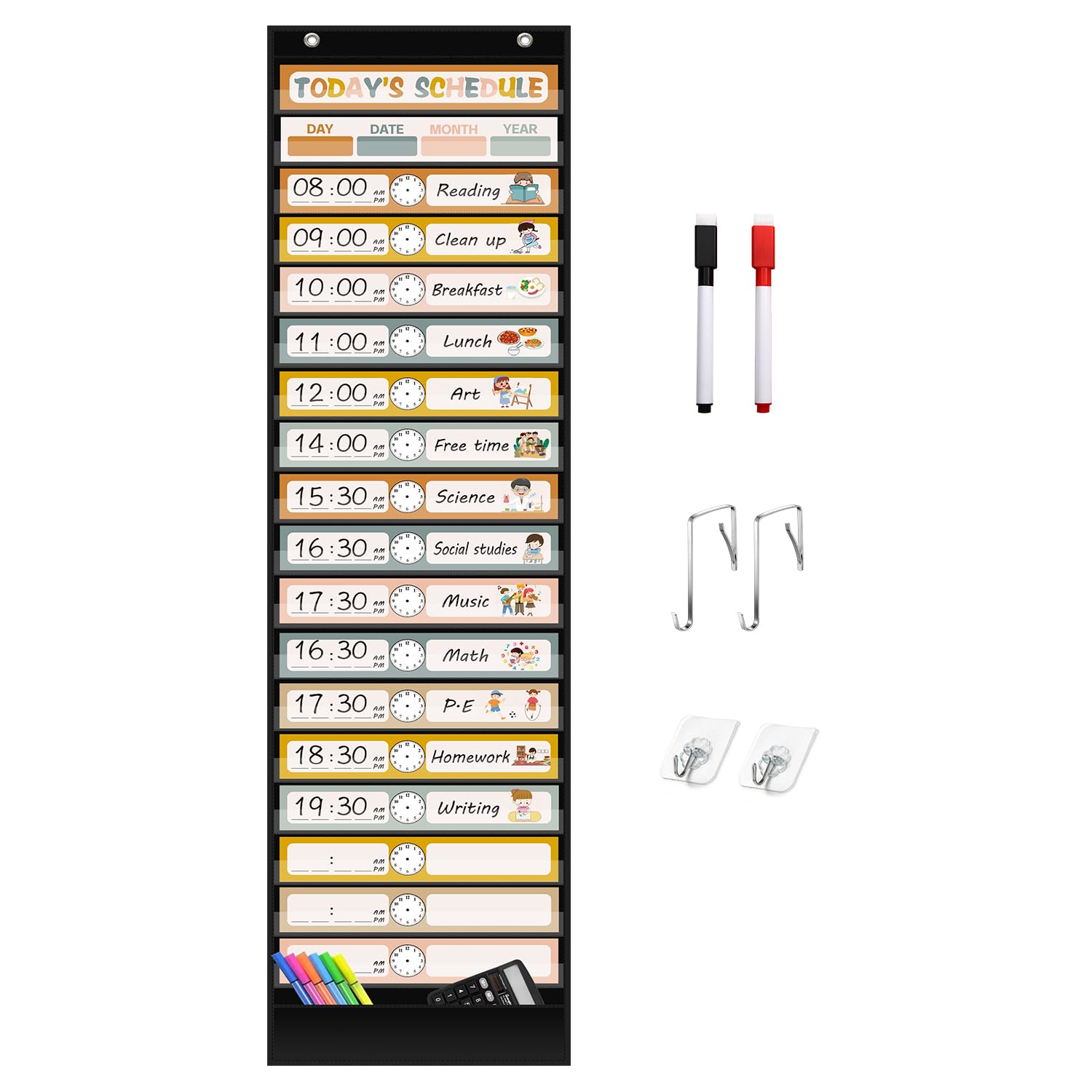 ANSTROUT 18+1 Pockets Boho Daily Schedule Pocket Chart with 30 Pcs Double-Sided Reusable Cards, Scheduling Pocket Chart for Classroom Office Home Preschool Activity(Black)