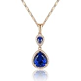 TIMEMATRIX Water Drop Pendant Necklace for Women, 18K Gold Plated Brass with Sapphire Blue Cubic Zirconia Gemstones Double WaterDrop Pendant
