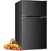 COWSAR 3.2 Cu.Ft Fridge with Freezer, Double Door Compact Fridge for Bedroom, Adjustable Thermostat, Energy-efficient Low Noise Small Refrigerator For Dorm, Office, Bar, RV, Bedroom,Commercial