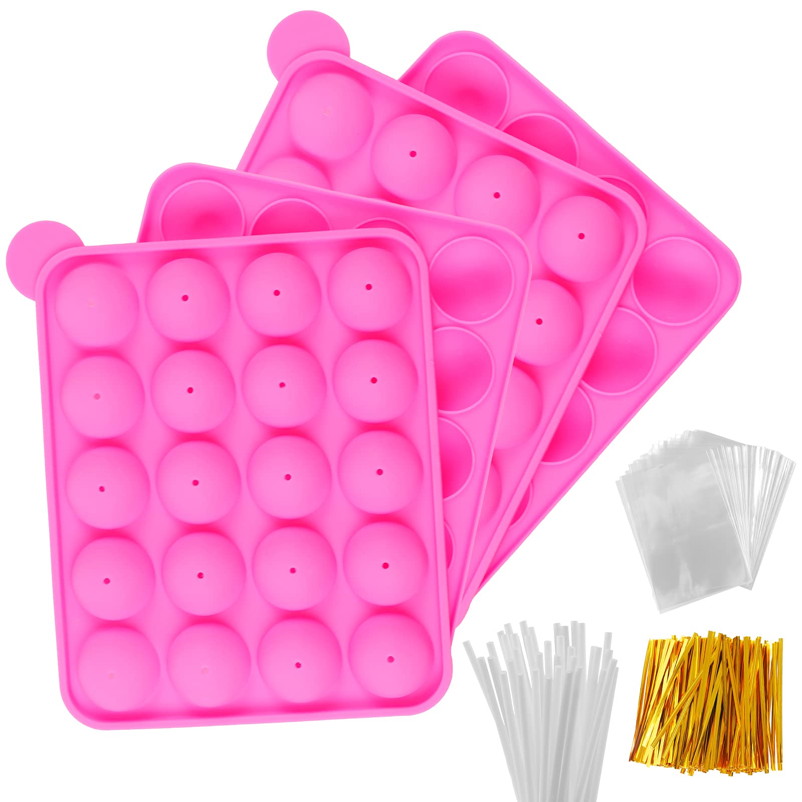 Photo 1 of Silicone Cake Pop Mold Set - 2 Pack Lollipop Molds Kit with 40 Cake Pop Sticks, 100 Candy Treat Bags, and 100 Gold Twist Ties, Great For Chocolate Lollipop, Candy, Cake Pops