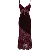 CIDER Velvet Dress Floral Cut Out Sleeveless Cocktail Party V Neck Knotted Velvet Midi Dress