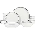 Gibson Home Oslo 16-Piece Porcelain Ceramic Chip & Scratch Resistant Dishes, Microwave & Dishwasher Safe, Plates and Bowls Dinnerware Set, White w/Blue Rim