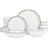 Gibson Home Oslo 16-Piece Porcelain Ceramic Chip & Scratch Resistant Dishes, Microwave & Dishwasher Safe, Plates and Bowls Dinnerware Set, White w/Blue Rim