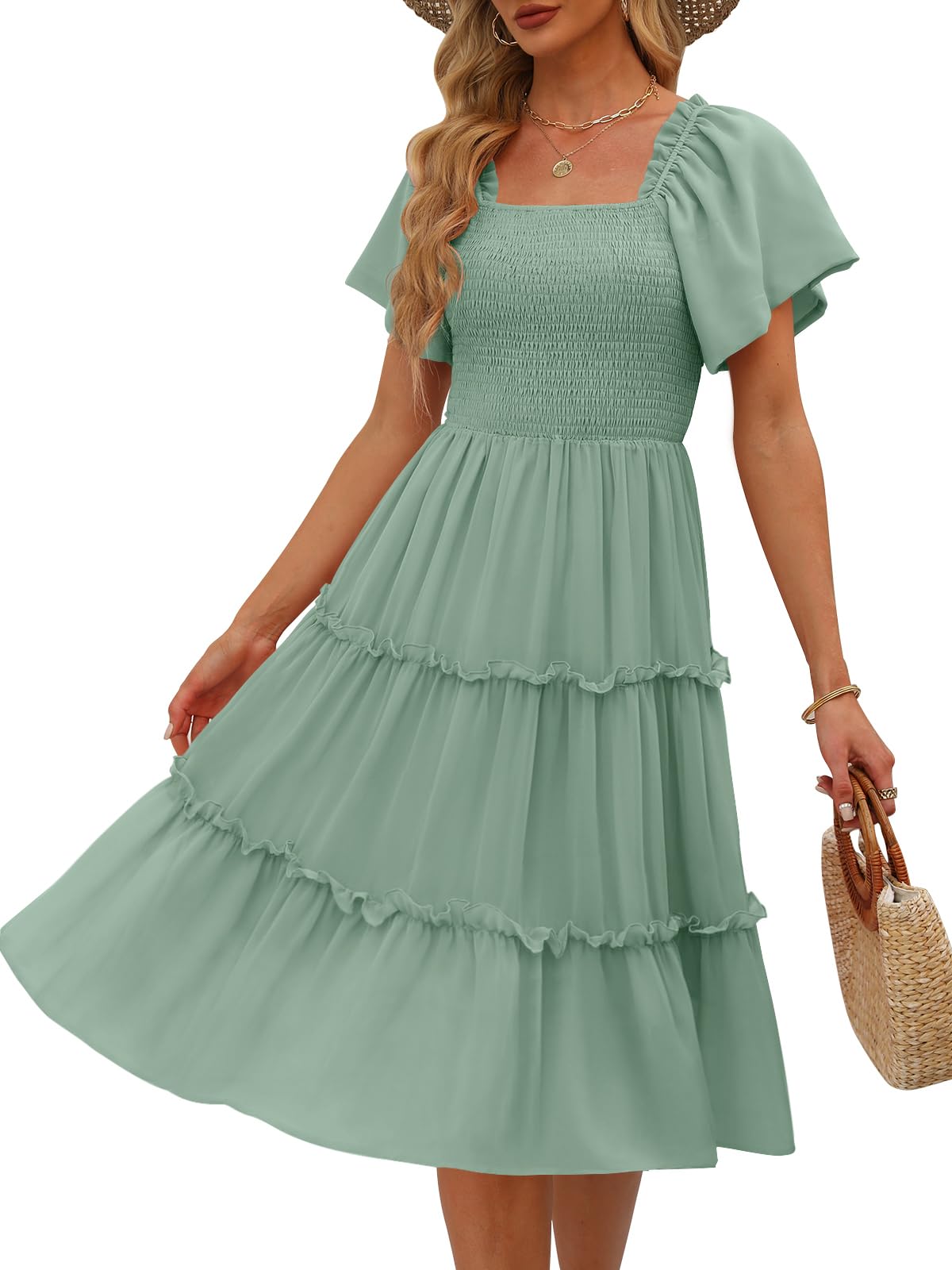 Photo 1 of LILLUSORY Women Dresses Spring Summer 2025 Midi Graduation Bridal Baby Shower Casual Flowy Boho Sun Sundress Trendy Brunch Cute Ladies Vacation Beach Smocked Teacher Clothes Outfits Sage Green XL