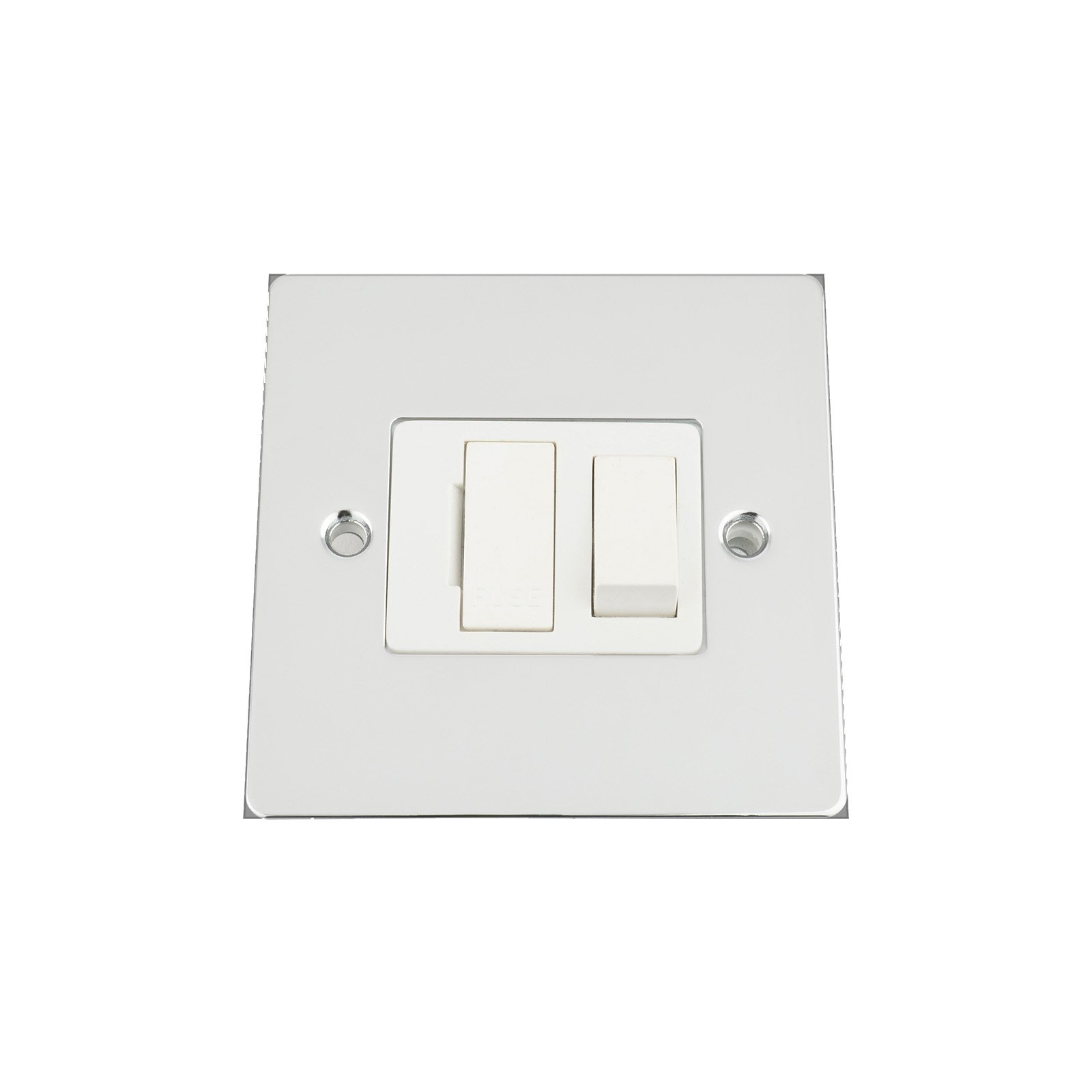 Fused Switch - Polished Chrome - Flat - White Insert Plastic Switch - 13 Amp Switched Fused Spur Unit