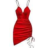 SOLY HUX Women's Summer Bodycon Mini Dress Spaghetti Strap Drawstring Ruched Party Cami Dresses