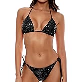 Women's Shiny Triangle Bikini Set Sequin Halter String Backless Tie Side Two Piece Swimsuit Bathing Suit
