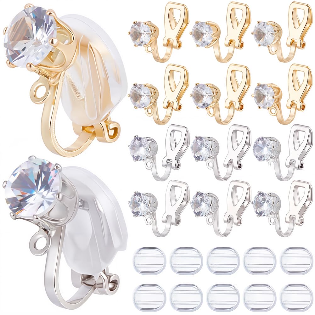 SOFPLATE 1 Box 32Pcs Gold Earring Converter Silver Earrings Clip Back Brass Non Pierced Triangle Earring Component with Crystal Rhinestone and Pads Clip on Earring Findings for jewellery Making Suppli