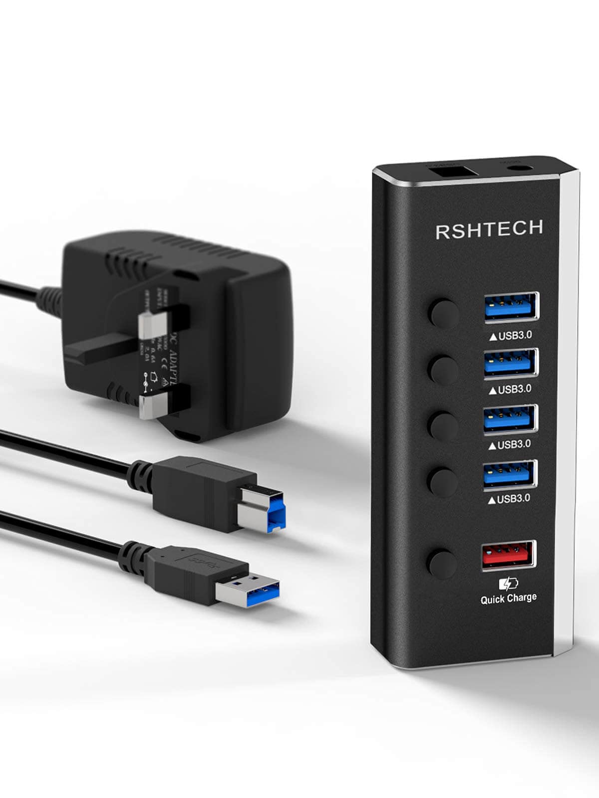 RSHTECH 5-Port Powered USB Hub, 24W USB 3.0 Splitter with 4 USB 3.0 Data Ports +1 USB Fast Charging Port, Individual on/off Switches and 12V/2A Power Supply