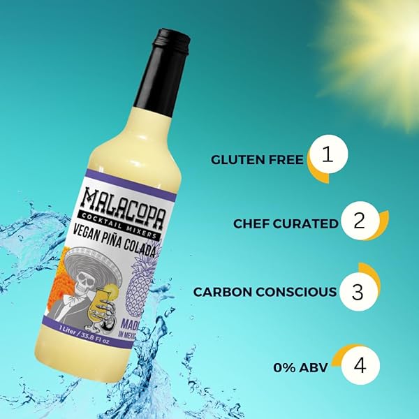 MALACOPA MIXERS VEGAN PIÑA COLADA COCKTAIL MIXERS 1 LITER – NON ALCOHOLIC DRINK, NATURAL AND FRESH INGREDIENTS, ALCOHOL FREE BEVERAGE, IDEAL FOR MOCKTAILS, MARGARITA AND WHISKEY