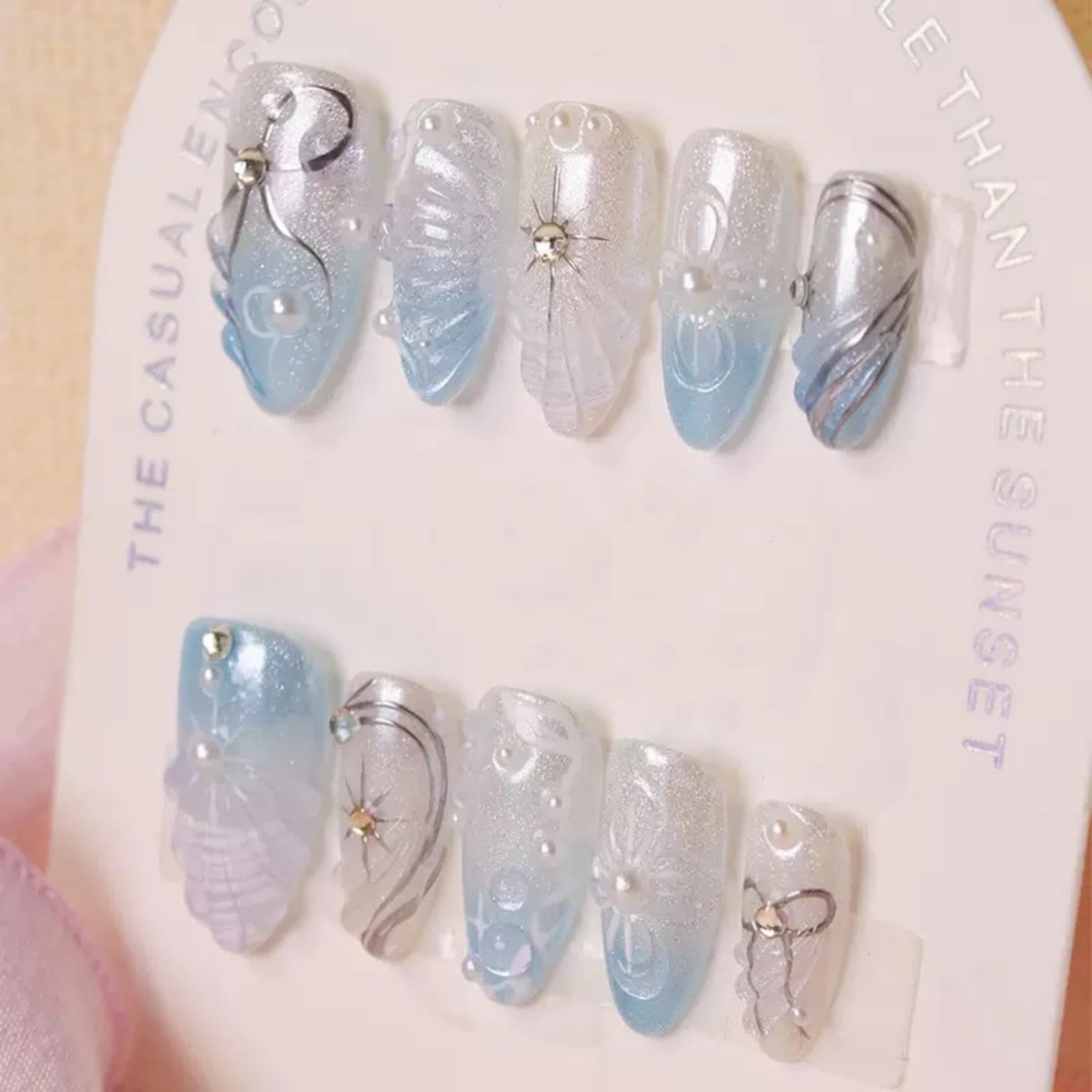 Photo 1 of 100% 5D Handmade Press on Nails with Charms Medium Almond Nails Press ons- Silver Seashell False Nails Ombre Blue White Press on Nails Summer Fake Nails for Women Girls Daily Wear DIY Manicure Size S