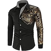 VIPWOLF Men's Button Down Dress Shirts Graphic 70s Long Sleeve Vintage T Shirt Tops