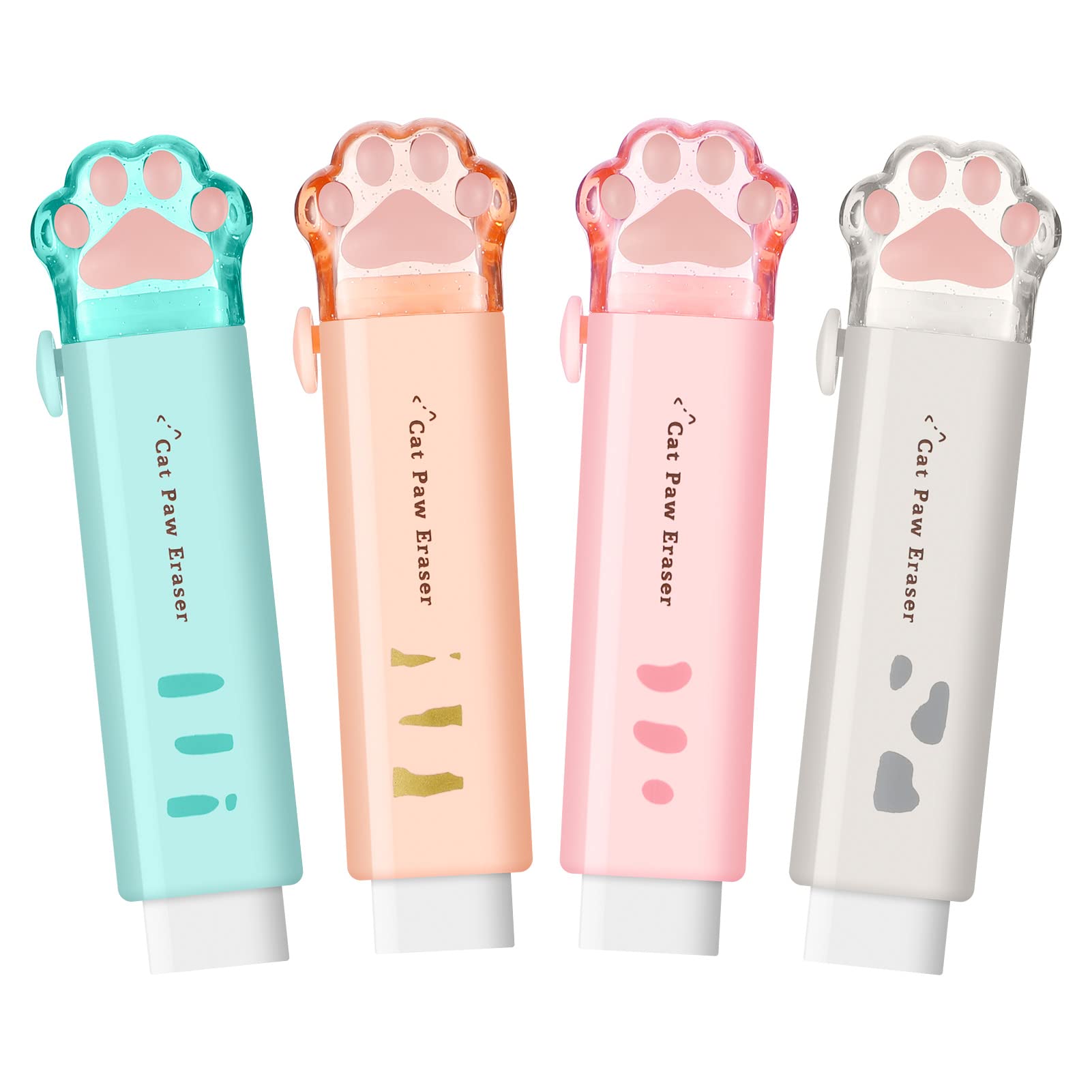 RosewineC 4 Pcs Cat Paw Shaped Retractable Erasers, 4 Color Cute Rubber for Kids, Push-Pull Cute Cat Paw Rubber Eraser for Students Writing Office School Supplies