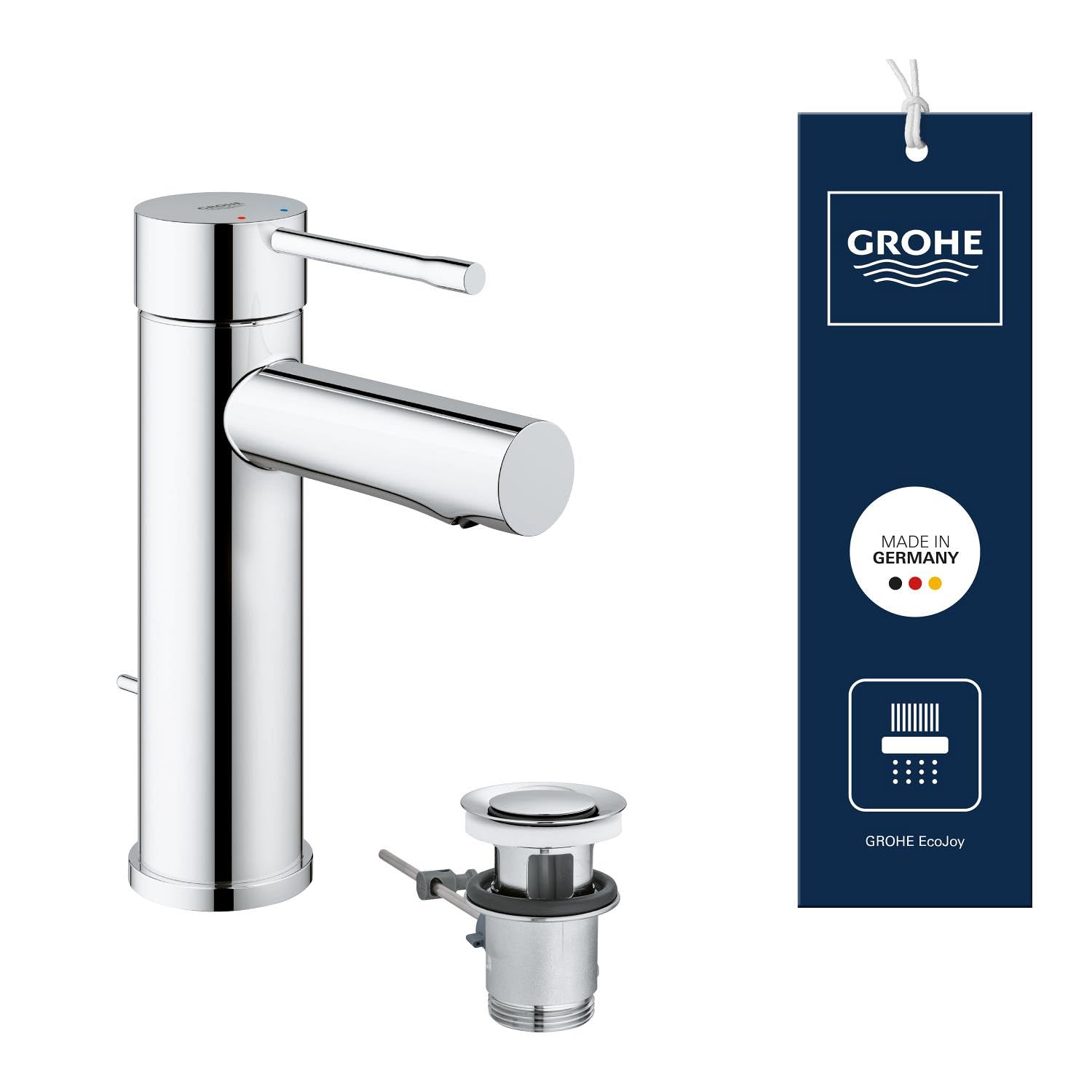 GROHE Essence Basin Mixer Tap with Pop-Up Waste Set (S-Size 208 mm, Metal Lever, 28 mm Ceramic Cartridge, Water Saving, 3/8 Inch Tails), Chrome, 32898001