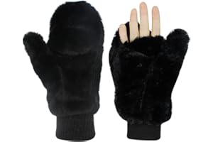 RARITYUS Women Girls Gloves Warm Soft Cute Cat Plush Convertible Flip Top Winter Fingerless Thick Mittens for Teen