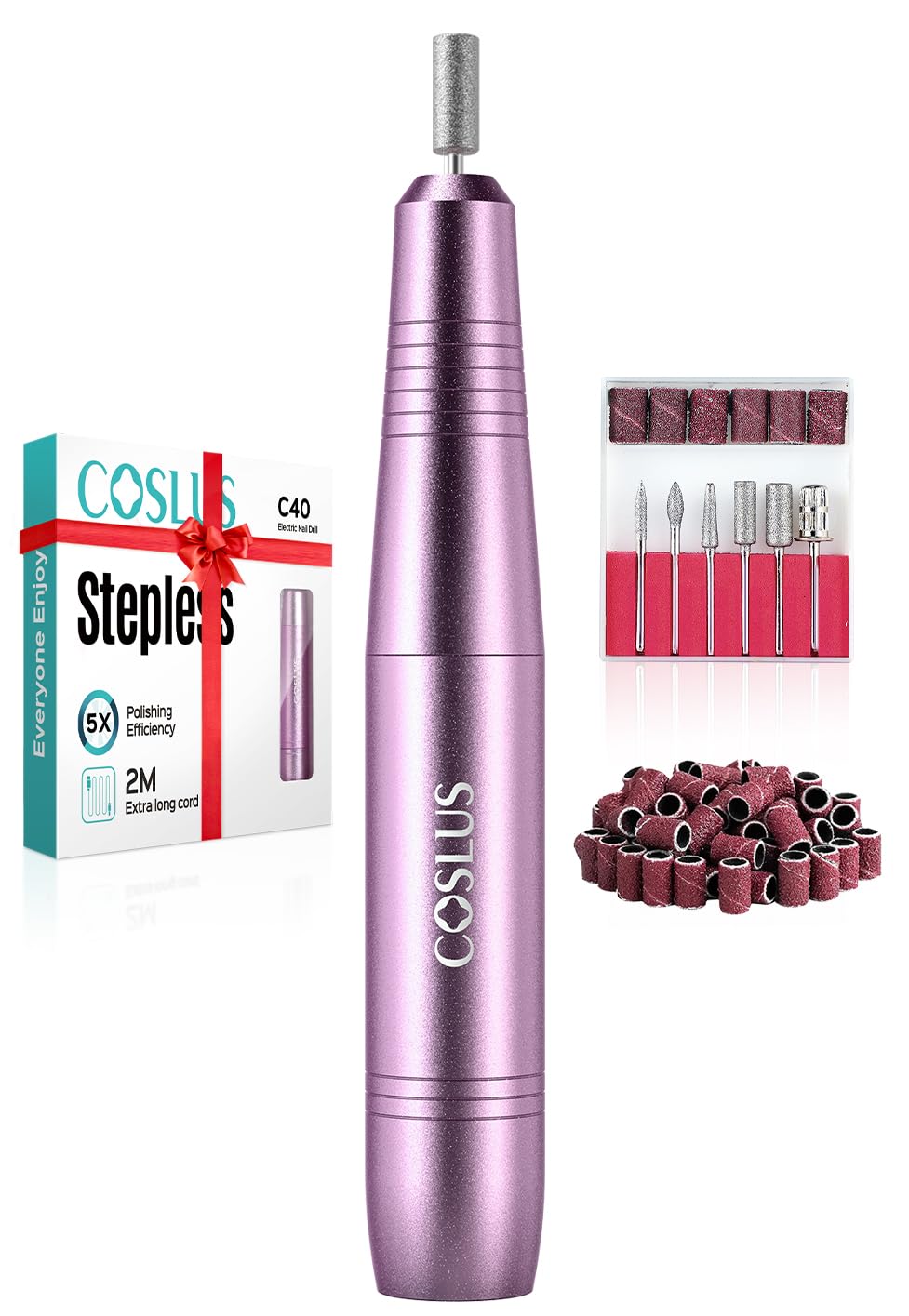 COSLUS C40 Electric Nail Drill, Nail Files for Gel Acrylic Nature Nails, Adjustable Speed 0-20000RPM, Portable Manicure Pedicure Set with 6 Drill Bits 31 Sanding Bands, E File Beginner Girl Women Mum