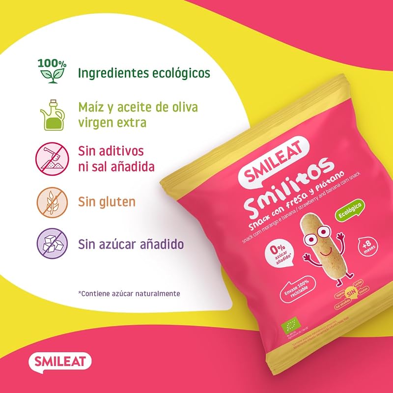 - Smilitos Snack - Sabor a Fresa y Plátano - Merienda Divertida para Peques Desde 8 Meses - 1 Bolsa de 25g