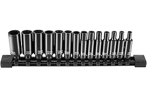 VEVOR 1/4" Drive Impact Socket Set, 14 Piece Deep Socket Set Metric 4-15mm, 6 Point Cr-Mo Alloy Steel for Auto Repair, Easy-to-Read Size Markings, Rugged Construction, Socket Organizer