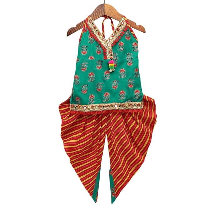 Kid1 by Hopscotch Baby Girls Cotton Embroidery Applique Top And Dhoti Set in Turquoise Color