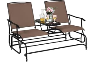 GENERIC ReunionG 2-Person Outdoor Glider Chair, Patio Glider Bench Loveseat w/Tempered Glass Center Table & Sturdy Metal Frame, Brown
