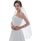 SAMKY 1T 1 Tier Pearls Bugle Beaded Bridal Wedding Veil