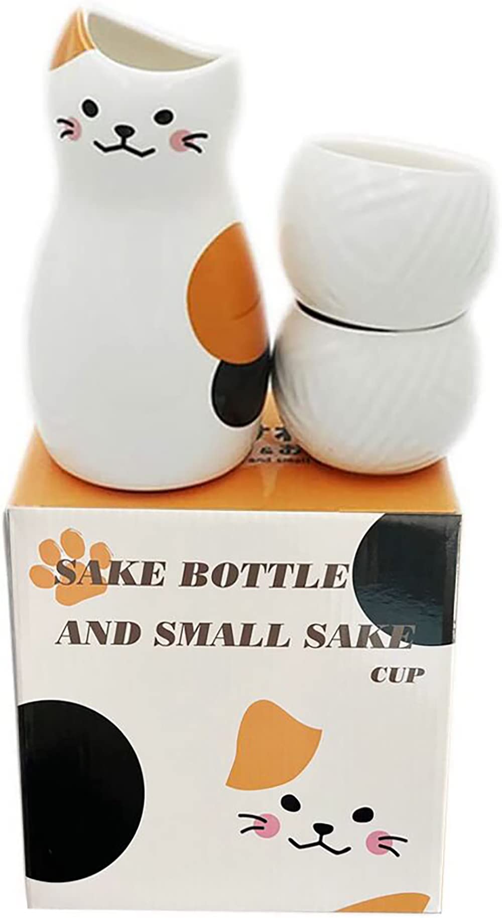 Japanese Ceramic Sake Set - Calico Cat Bottle and 2 Cups - 3 Pieces Gift Set Serving Carafe