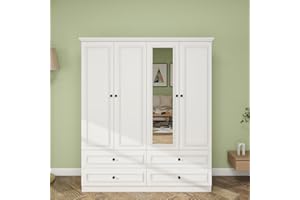 Keloyid Tall Wooden Armoire Wardrobe Closet with 4 Doors 2 Hanging Rods 4 Drawers Mirror Shelves Large Capacity Storage Cabinet Organizer for Bedroom White