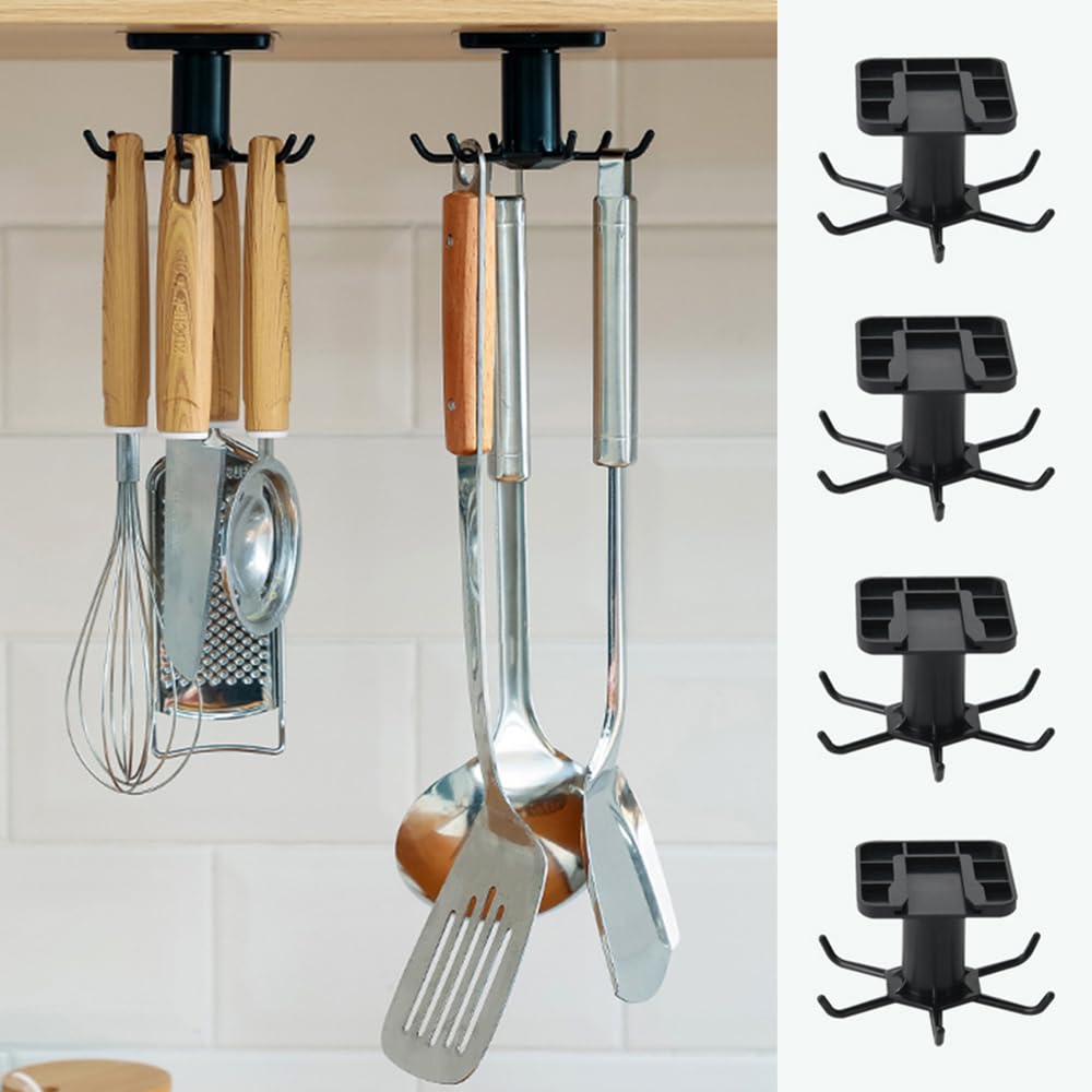 Photo 1 of TIE-DailyNec 4 PCS Under Cabinet Kitchen Utensil Hooks 360° Rotation Adhesive Nail Free Hanging Rack for Kitchen Utensils, Tools, Towel, Knife (Black)