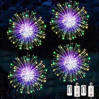 Bcga 4 Packs Firework Lights Copper Wire LED Lights, 8 Modes Dimmable String Fairy Lights with Remote Control, Waterproof Hanging Starburst Lights for Parties,Home,Christmas Outdoor Decoration