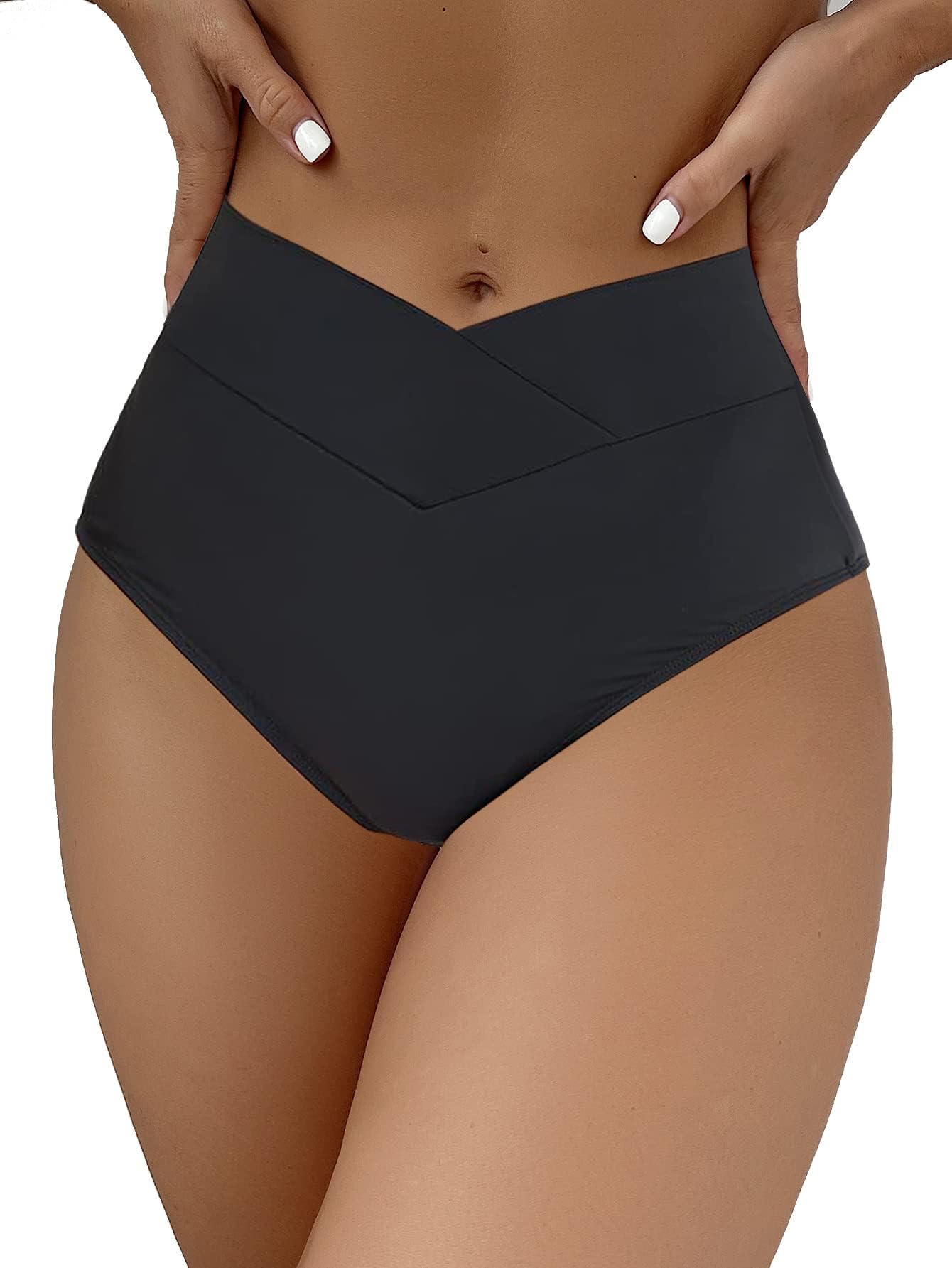 Photo 1 of HYTENSUN Women's High Waisted V Cut Bikini Bottoms Swimsuit Twist Front Cheeky Swim Bottoms Black