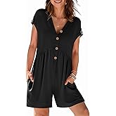 MEROKEETY Womens Romper Summer 2026 Casual Cap Sleeve V neck Button Short Jumpsuit Beach Vacation Outfits with Pockets