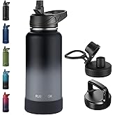 RUBYFLASK 32oz Insulated Water Bottle with Straw, Stainless Steel Metal Vacuum Water Flask, Large Thermal Water bottle with Leakproof 3 Lids for Travel, Camping, Gym Sports Black Gray