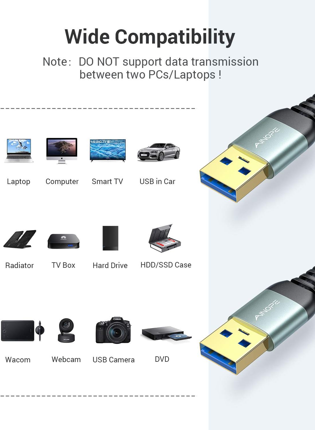 [2 Pack] USB 3.0 Cable, USB to USB Cable, USB A Male to Male Cable [3.3FT+ 3.3FT] [Never Rupture] Double End USB Cord Compatible with Hard Drive Enclosures, DVD Player, Laptop Cooler and More: Industrial & Scientific