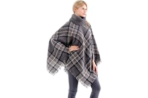 Belle Dame Women's Plaid Turtleneck Knit Poncho Batwing Tassels Shawl Cape Pullover Sweater Cloak High Collar