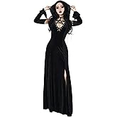 MEOWCOS Women Gothic Witch Halloween Dress - Split Off-Shoulder Hooded Casual Party Dress