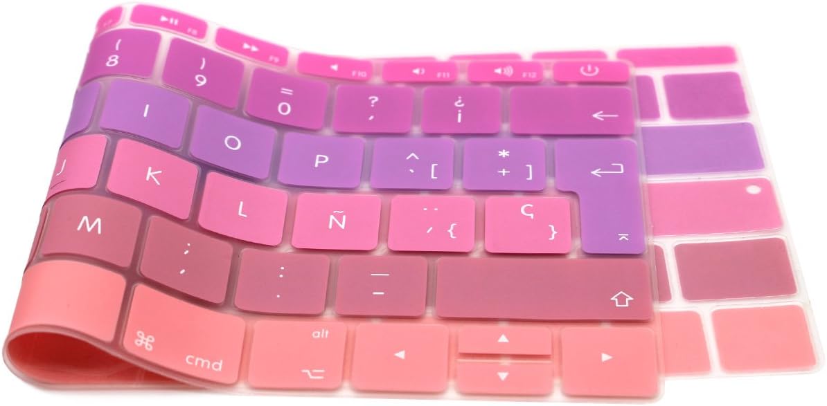 MMDW Spanish ESP Language Silicone Keyboard Cover for MacBook Pro 13 Inch 2017 & 2016 Release A1708 No Touch Bar &for MacBook 12 Inch A1534 Protective Skin (EU Layout),Ombre Hot Pink - Image 5