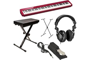 CASIO PX-S1100 Privia 88-Key Slim Digital Stage Piano w/Bluetooth Adapter, White Bundle with Turnstile Audio TAPH100 Closed-Red Headphones, Keyboard Stand/Bench Pack with Sustain Pedal