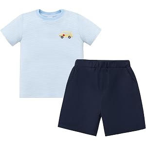 ODOLDI Toddler Boys Back to School Outfit 2 Piece Short Sleeve Striped Apple Embroidery Shirt and Shorts Set