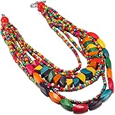 CETVLY Chunky Wooden Choker Necklace and Earrings Set for Women,Colorful Bib Layered Necklace Boho Earrings,Handmade Statement African Jewelry ¡­