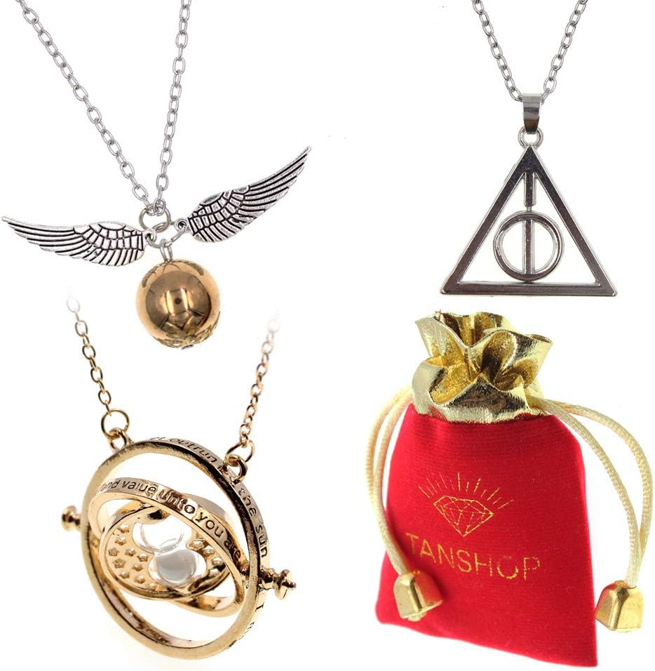 TANSHOP Necklace Merchandise Set Time-Turner Death-Hallows Golden-Snitch Necklace Jewelry Set Best Gift for Boys, Girls, Kids, Women (3PCS Jewelry Set)