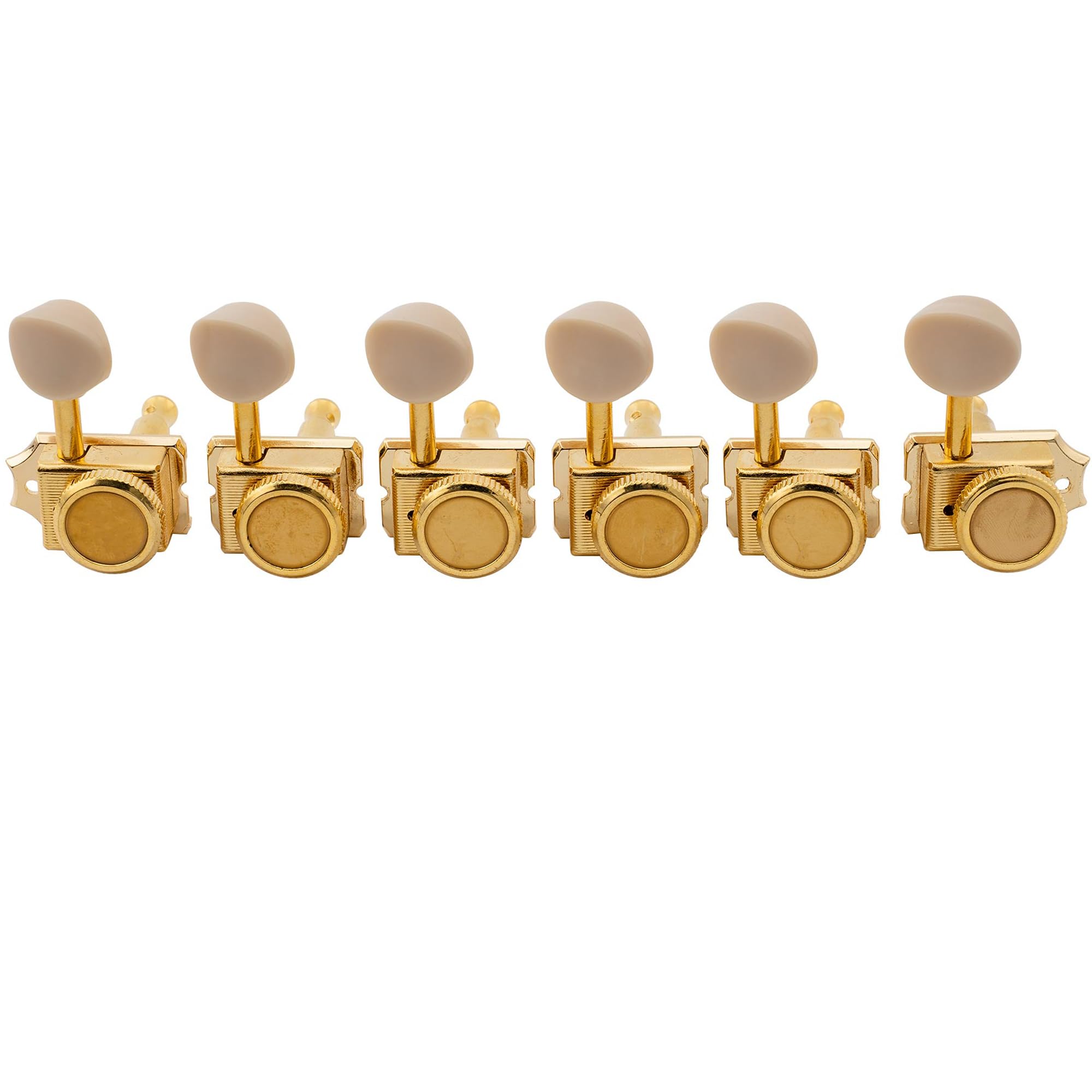 Musiclily Pro 6 inline Vintage Hybrid Style Guitar Locking Tuners Tuning Pegs Keys Machine Heads Set for Fender Squier Classic Vibe Strat/Tele Electric Guitar, Gold with Oval Plastic Button