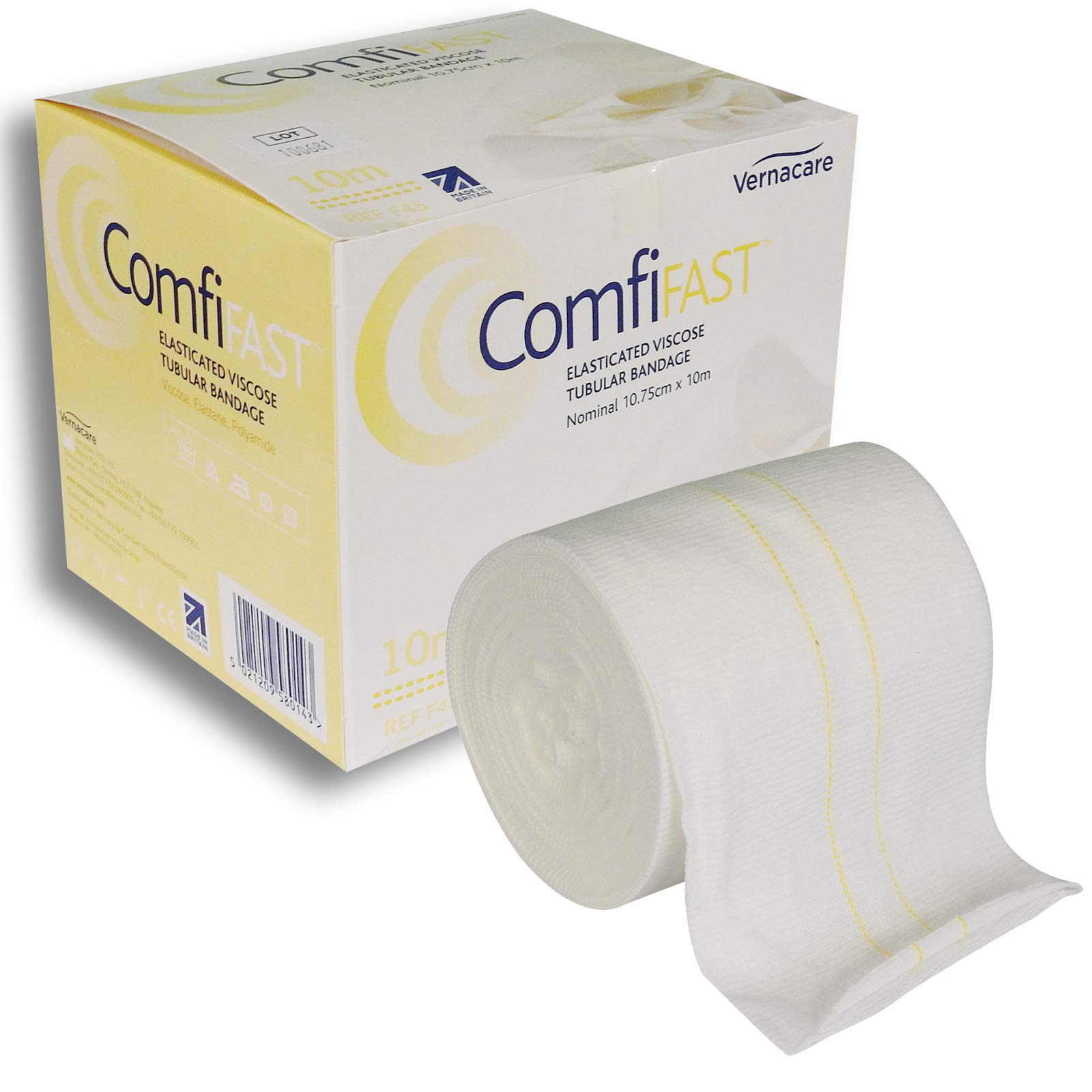 Comfifast Elasticated Tubular Stretch Viscose Bandage - for X-Large Limbs, Childs Trunk, Yellow Line 10.75cm (for Limb Circumference 35-65cm) - 10m Roll