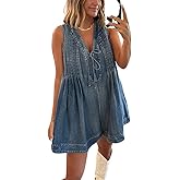 yoeasy Women's Sleeveless V Neck Shorts Denim Romper Tie Front Ruffle Cute Loose Jean Short Overalls with Pockets