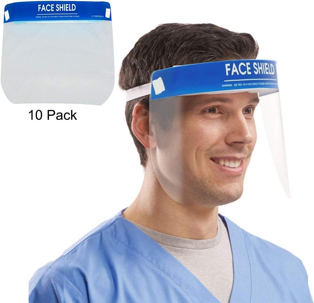 JFJL Face Shield Disposable Safety Shield Protect Eyes And Face From Air-Borne Droplets with Protective Clear Film Elastic Band And Comfort Sponge,10 Pack