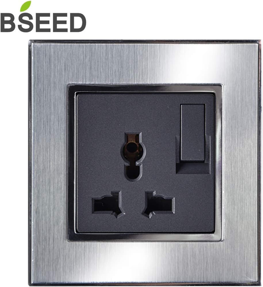 BSEED 13amp Wall Socket Brushed Steel Single Switched Power Socket 3
