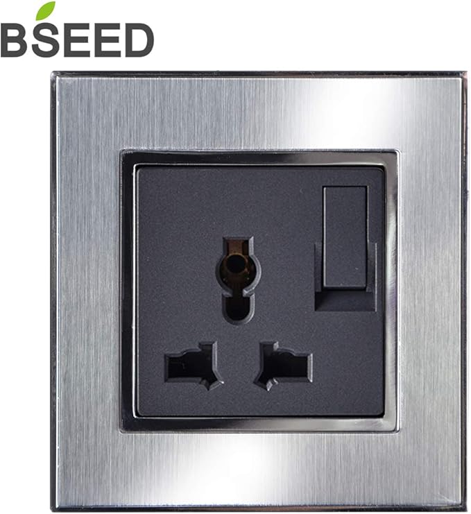 BSEED 13amp Wall Socket Brushed Steel Single Switched Power Socket 3Pin Multifunction Sockets
