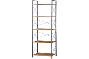 Narrow Bookshelf, Adjustable 5-Tier Industrial Bookcase, Rustic Open Book Shelf, Freestanding Horizontal Bookshelves with Met