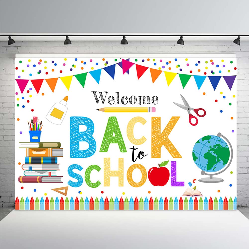 Photo 1 of MEHOFOND Welcome Back to School Backdrop for Kids Children Preschool First Day of School Kindergarten Classroom Confetti Party Supplies Decor Banner Photo Booth Background Props 7x5ft