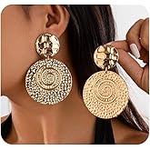 Gold Harmmered Spiral Statement Earrings for Women,Large Round Dangle Vintage Disc Earrings for Prom Party,Trendy Retro Aesthetic Jewelry
